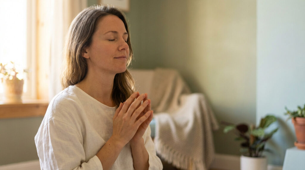Femme aux yeux fermés, mains jointes en position de prière ou méditation, vêtue de lin blanc, dans un intérieur doux et lumineux.