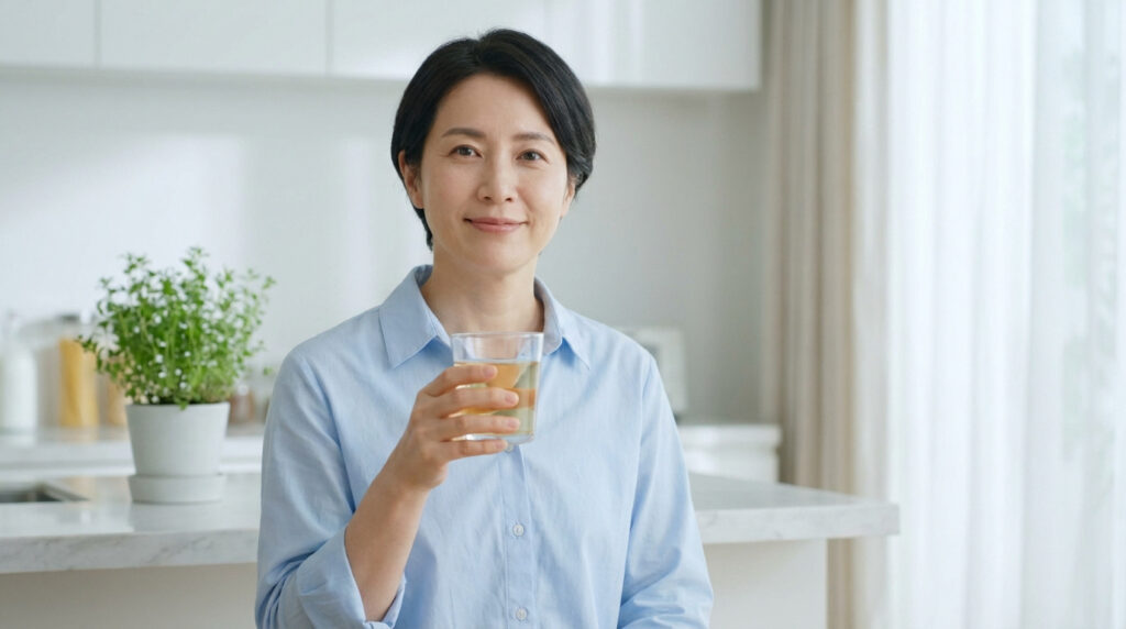 Femme asiatique souriante en chemise bleue, tenant un verre de liquide clair. Fond de cuisine lumineux et plante verte.