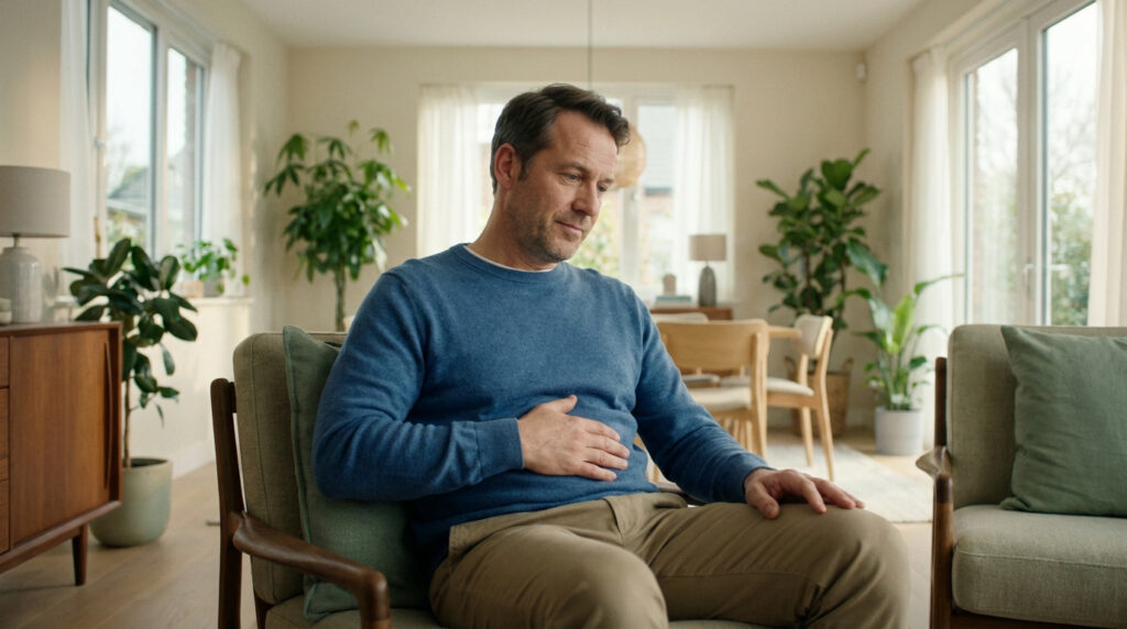 Homme assis sur un fauteuil, se tenant le ventre avec une expression de malaise, dans un salon lumineux.