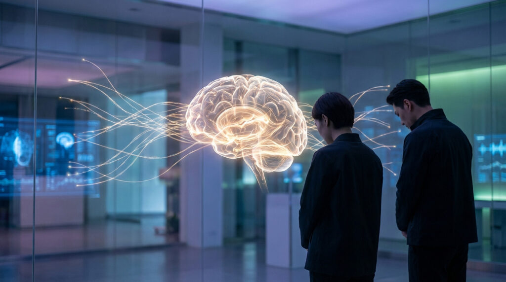Des chercheurs devant une projection 3D lumineuse du cerveau humain avec des flux de données, symbolisant l'étude des maladies neuropsychiatriques.