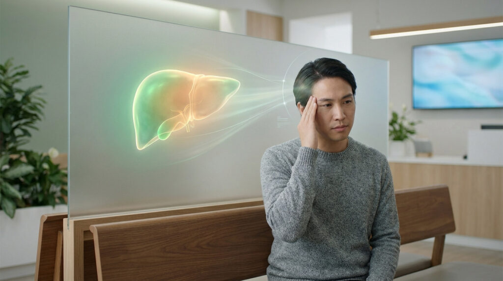 Homme avec mal de tête, main sur la tempe. Sur écran transparent, un foie lumineux connecte par des flux lumineux à sa tête en milieu médical.
