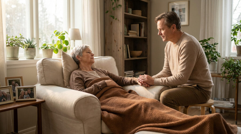 Un homme tient la main d'une femme âgée malade, enveloppée d'une couverture dans un fauteuil, au sein d'un intérieur lumineux.