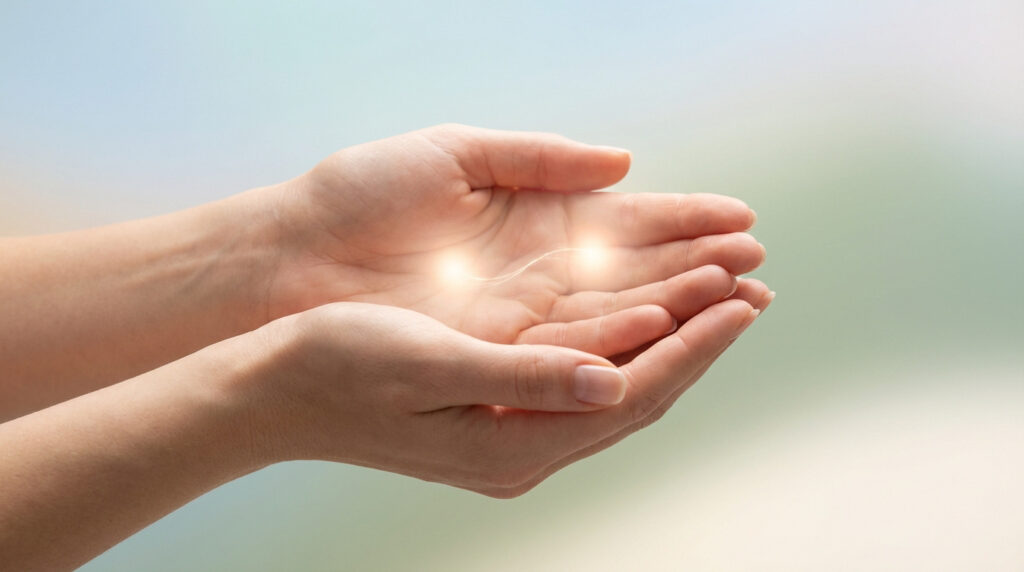 Deux mains tendues et ouvertes, contenant deux points lumineux reliés par une étincelle, sur un fond doux et flou.