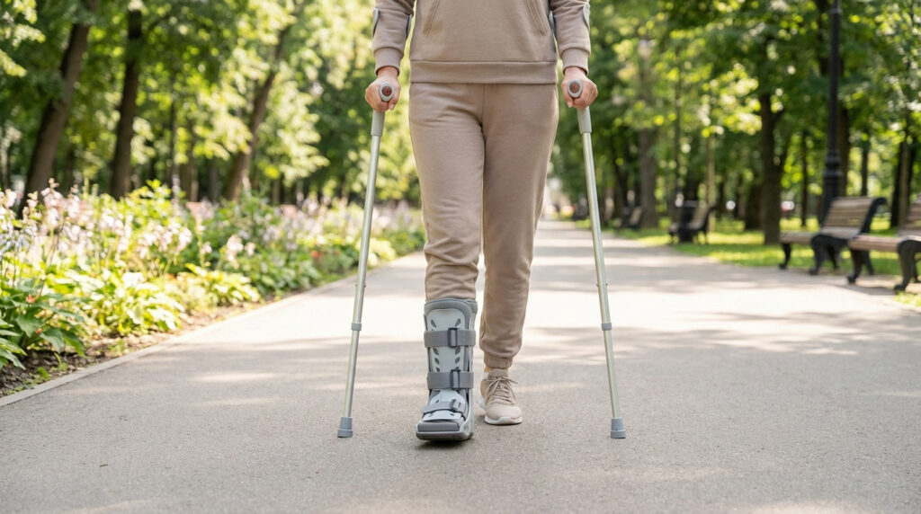 Personne en survêtement marchant avec une attelle de marche au pied gauche et des béquilles sur un chemin de parc arboré.