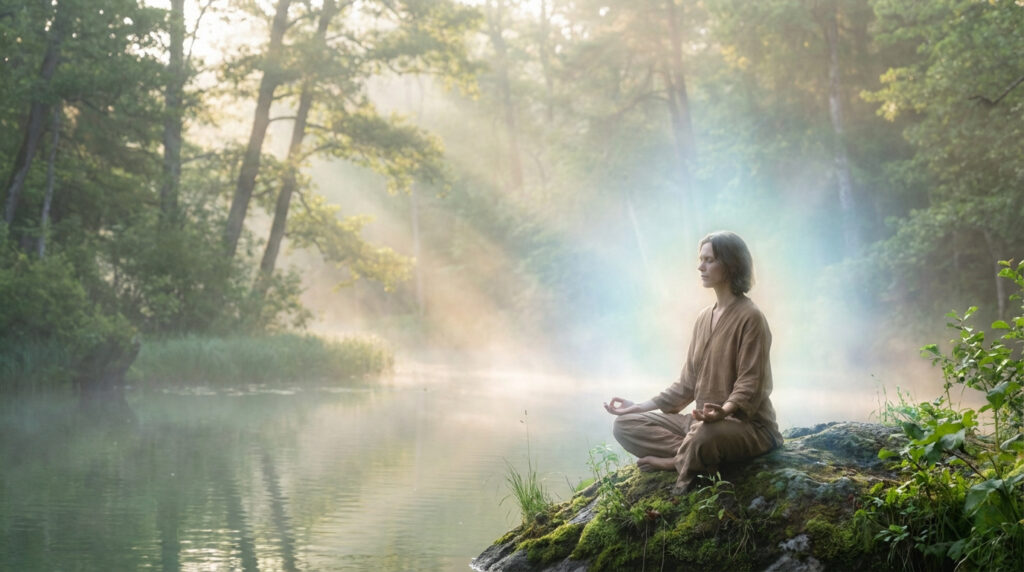 Femme méditant en lotus au bord d'un lac brumeux dans une forêt verdoyante, rayons de soleil et arc-en-ciel subtil.