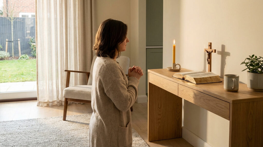 Une femme agenouillée en prière devant un autel domestique avec bougie allumée, Bible et crucifix, dans une maison lumineuse.