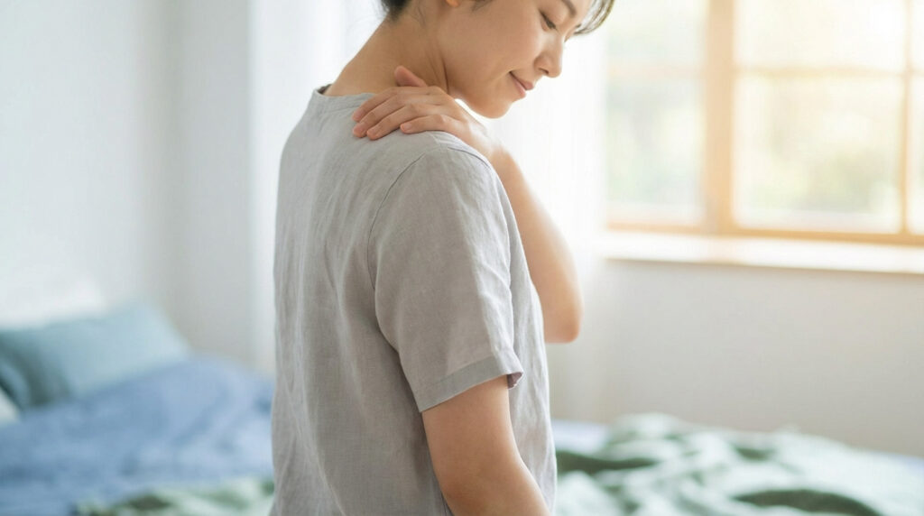 Femme en t-shirt gris se massant l'épaule et le cou, l'air apaisé mais aussi en prise avec une gêne, dans une pièce lumineuse.