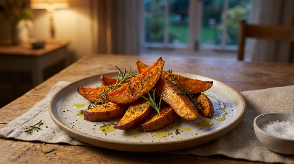 Assiette de quartiers de patates douces rôtis et dorés, garnis de romarin frais et d'huile d'olive sur une table en bois.