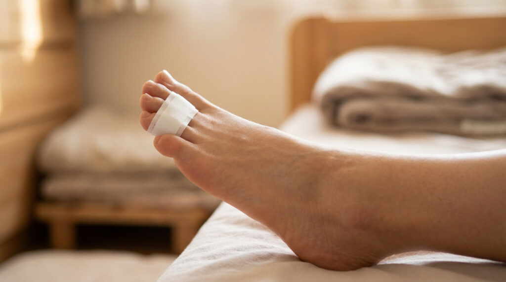 Gros plan sur un pied allongé sur un lit, avec deux orteils tapés ensemble, probablement pour une fracture. Lumière douce.