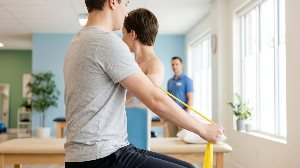 Un thérapeute aide une patiente avec une cicatrice à l'épaule gauche, utilisant une bande élastique en rééducation.