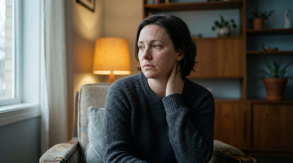 Femme pensive et fatiguée aux yeux rougis, assise dans un fauteuil usé, la main sur le cou, évoquant le stress et l'épuisement.
