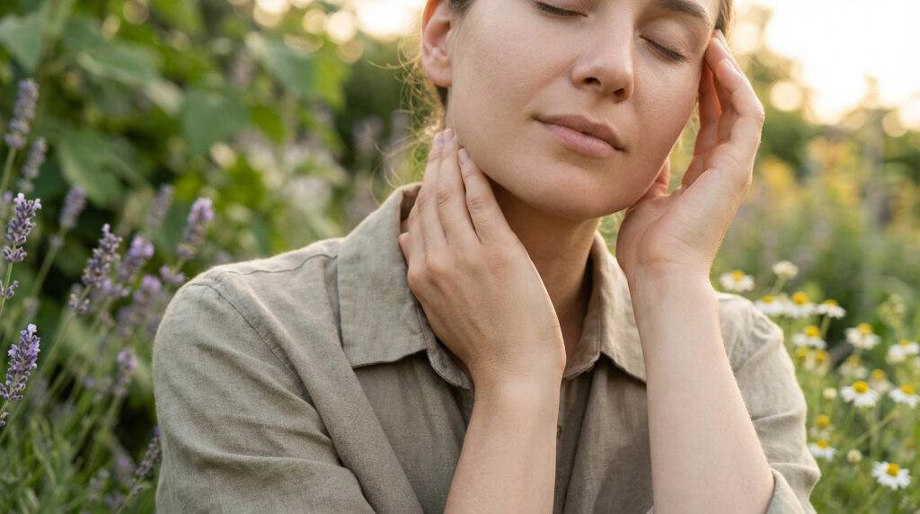 Une femme aux yeux clos, visage serein, touchant doucement sa tempe et son cou dans un champ de lavande et marguerites.