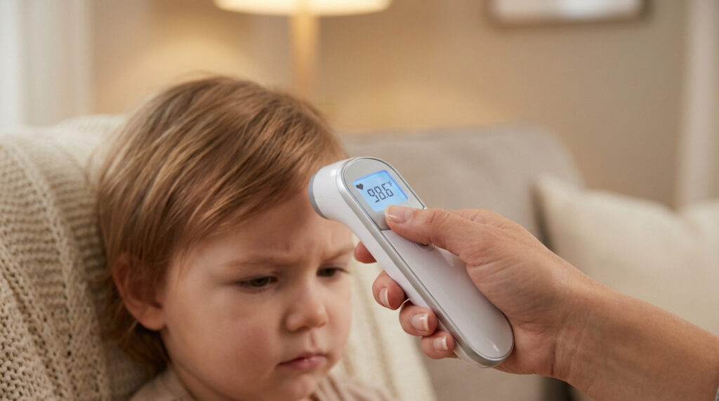 Une main mesure la température frontale d'un enfant à l'aide d'un thermomètre numérique affichant 98.6°F. L'enfant semble soucieux.
