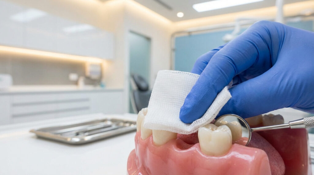 Main gantée de bleu appliquant une gaze sur une maquette dentaire avec miroir dentaire et instruments en arrière-plan.