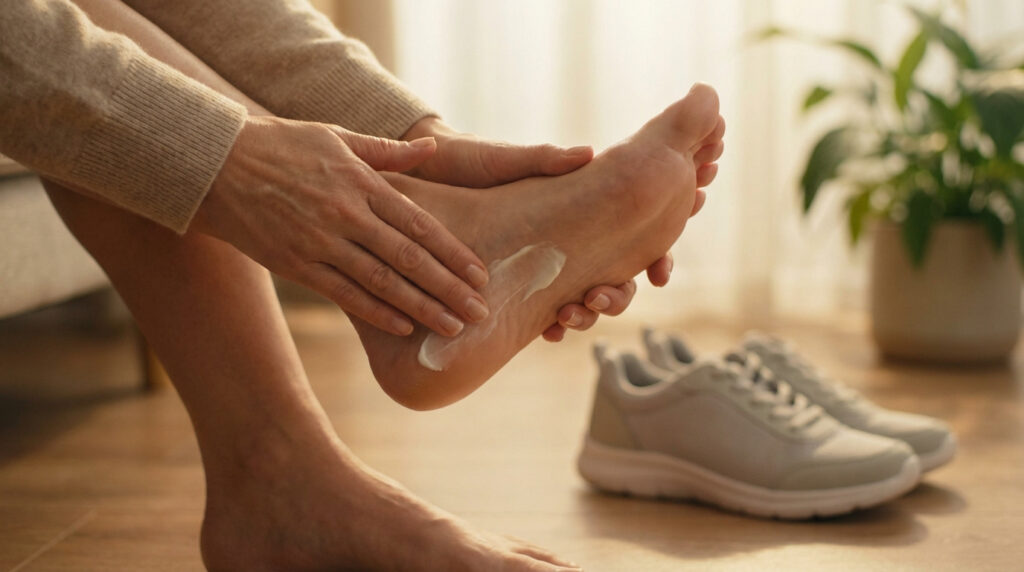Une personne applique de la crème hydratante sur la plante de son pied. Des baskets claires sont posées sur le parquet en arrière-plan.