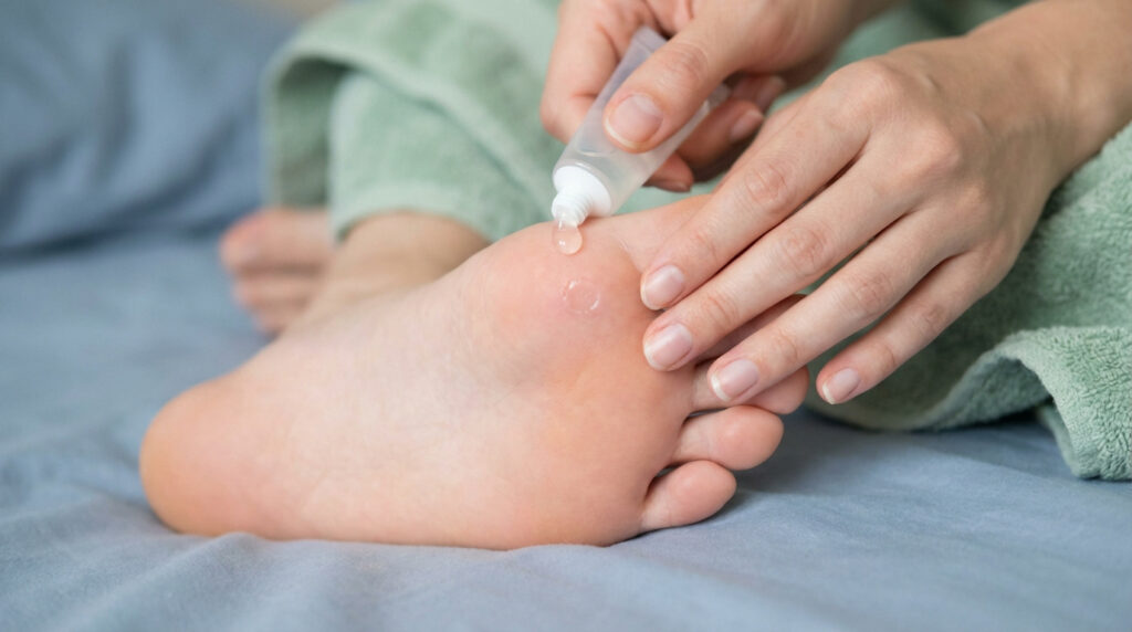 Une personne applique un gel clair depuis un tube sur la plante d'un pied, sur une zone de cicatrisation post-verrue plantaire.