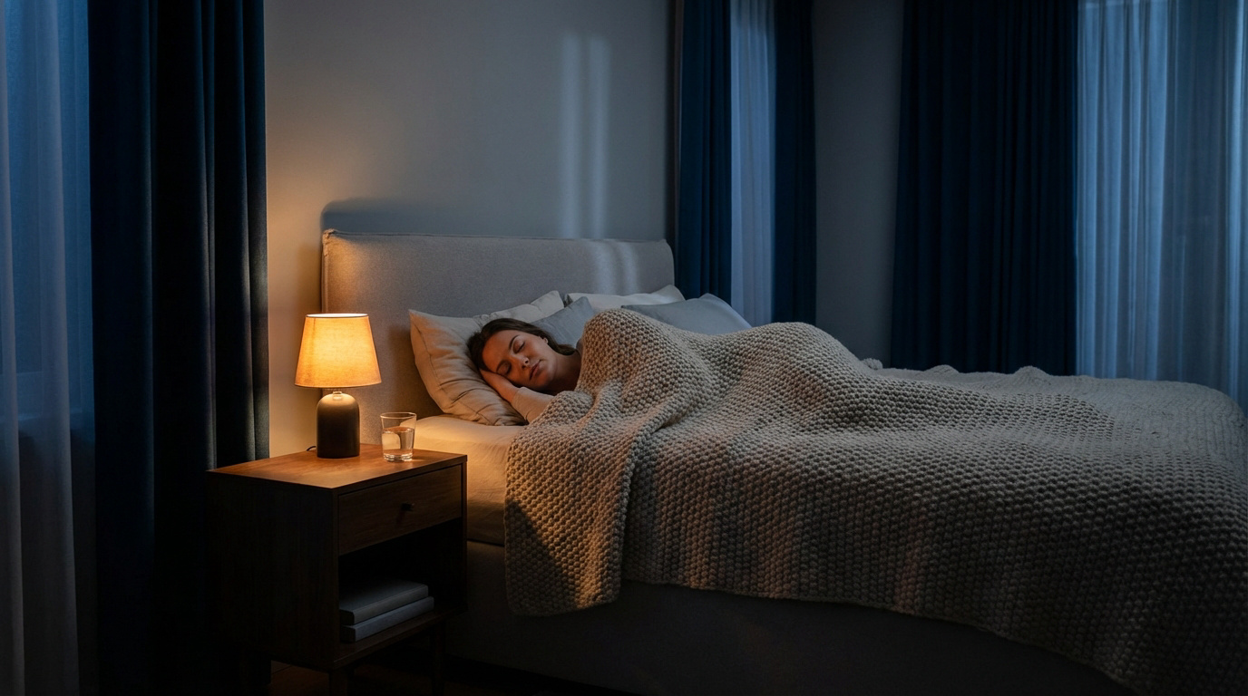 Femme endormie paisiblement dans un lit douillet, lampe de chevet allumée et verre d'eau à proximité.