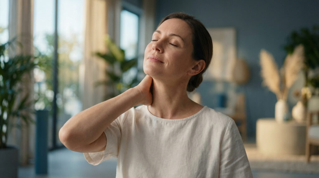Une femme masse son cou, les yeux clos, semblant apaiser une névralgie d'Arnold ou une tension cervicale. Ambiance intérieure douce.