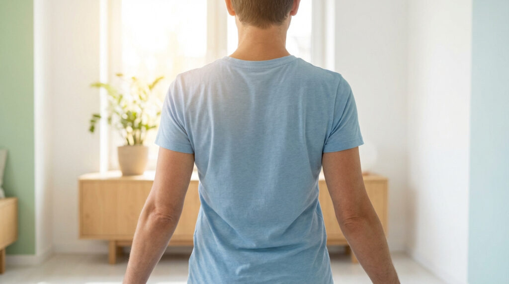 Vue de dos d'une personne en t-shirt bleu clair, debout dans une pièce lumineuse avec une bonne posture. Contexte de santé du dos.