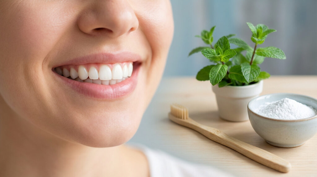 Personne souriante aux dents blanches éclatantes, avec une brosse à dents en bambou, une plante de menthe et de la poudre naturelle.