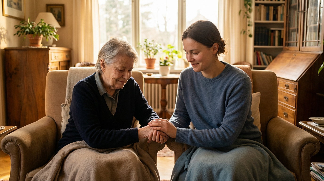 Deux femmes, une jeune et une âgée, se tiennent les mains dans un salon, montrant soutien et compassion pour la maladie d'Alzheimer.