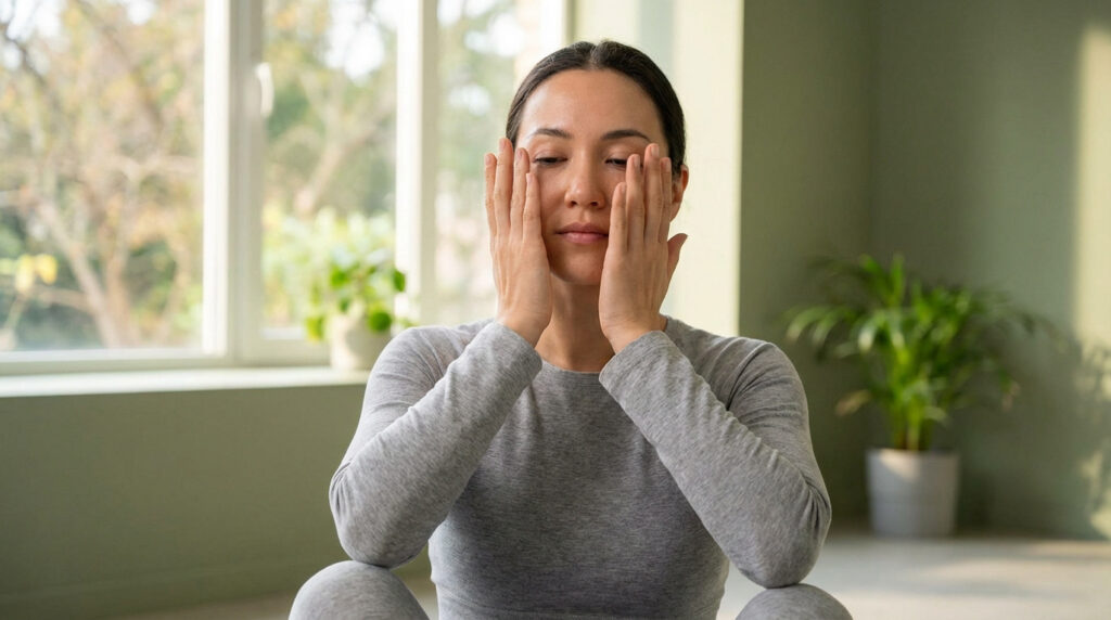 Une femme assise, les mains couvrant délicatement ses yeux fermés, pratiquant le palming pour le yoga des yeux.