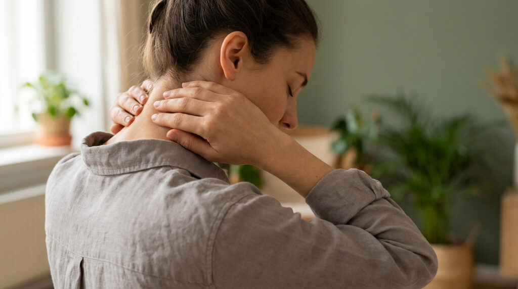 Une femme se masse la nuque, les yeux clos, pour soulager des tensions liées à la névralgie d'Arnold.