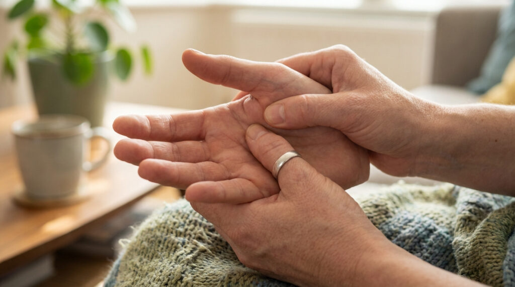 Gros plan sur des mains pratiquant l'acupression : un pouce masse la paume et la base du pouce de l'autre main, portant une bague en argent.