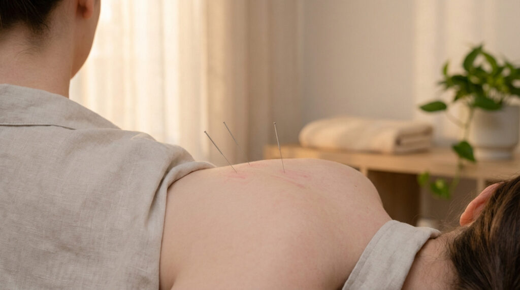 Gros plan sur l'épaule et le haut du dos d'une personne recevant un traitement d'acupuncture, avec des aiguilles insérées.