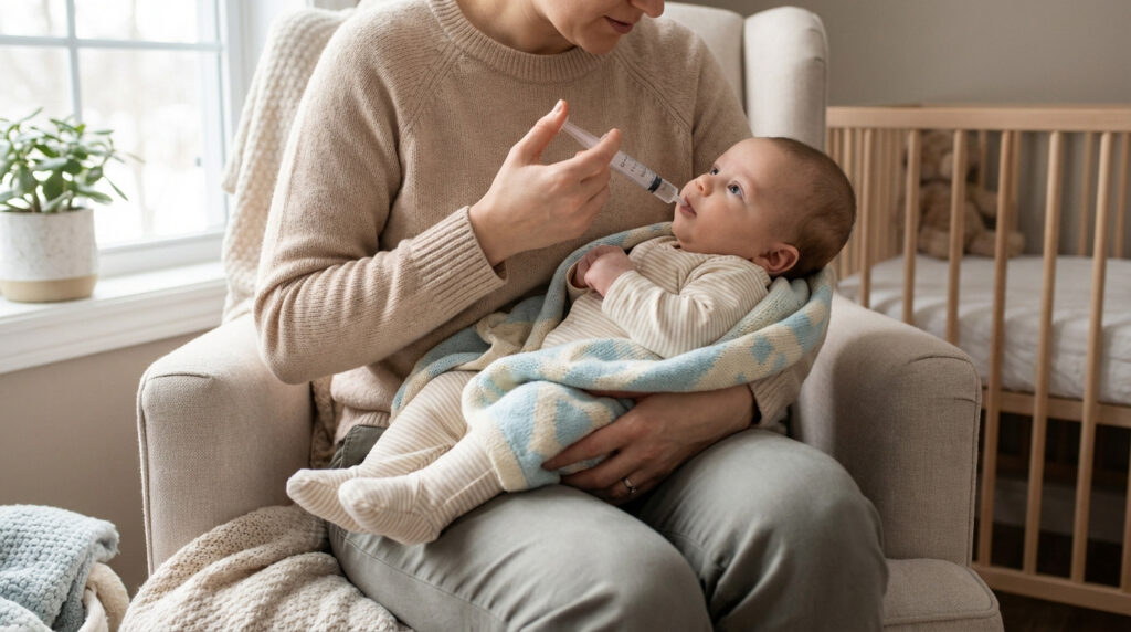 Une personne donne un médicament liquide avec une seringue orale à un bébé emmailloté dans ses bras, assise dans un fauteuil. Un lit de bébé est visible en arrière-plan.