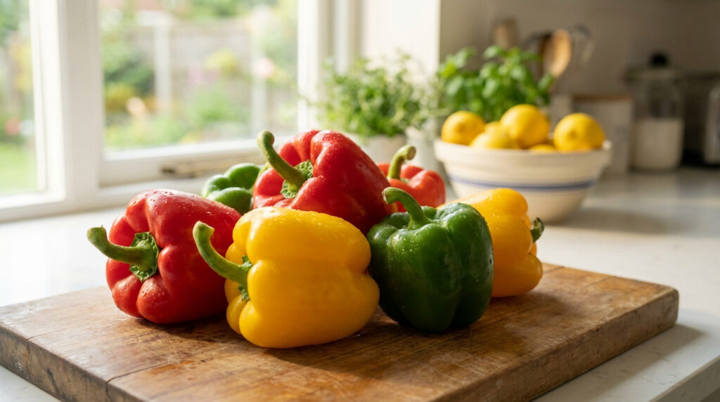 Plusieurs poivrons frais rouges, jaunes et verts sur une planche à découper en bois dans une cuisine lumineuse avec des herbes et des citrons.