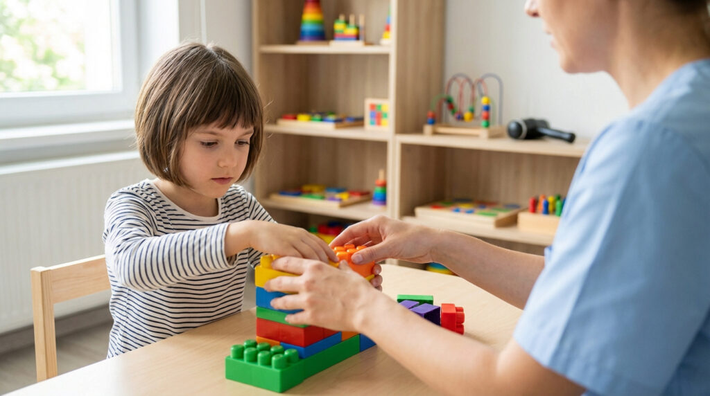 Une petite fille et une ergothérapeute construisent une tour de blocs colorés. La scène se déroule dans un cabinet d'ergothérapie avec des jouets éducatifs.