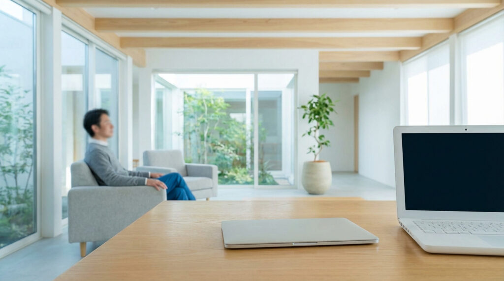 Homme détendu dans un salon lumineux, regardant par la fenêtre. Un ordinateur portable ouvert et un autre fermé sur une table en bois au premier plan.