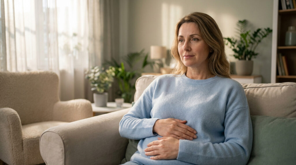 Femme d'âge mûr assise sur un canapé, les mains sur son abdomen, l'air pensif, suggérant un inconfort ou une récupération post-opératoire.