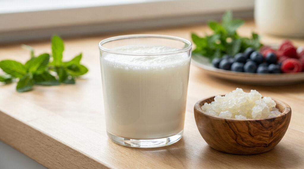 Un verre de kéfir, un bol de grains de kéfir, des myrtilles, framboises et feuilles de menthe sur une table en bois.