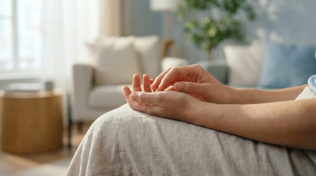 Gros plan sur les mains d'une personne, l'une caressant l'autre, posées sur ses genoux. Salon lumineux en arrière-plan flou.