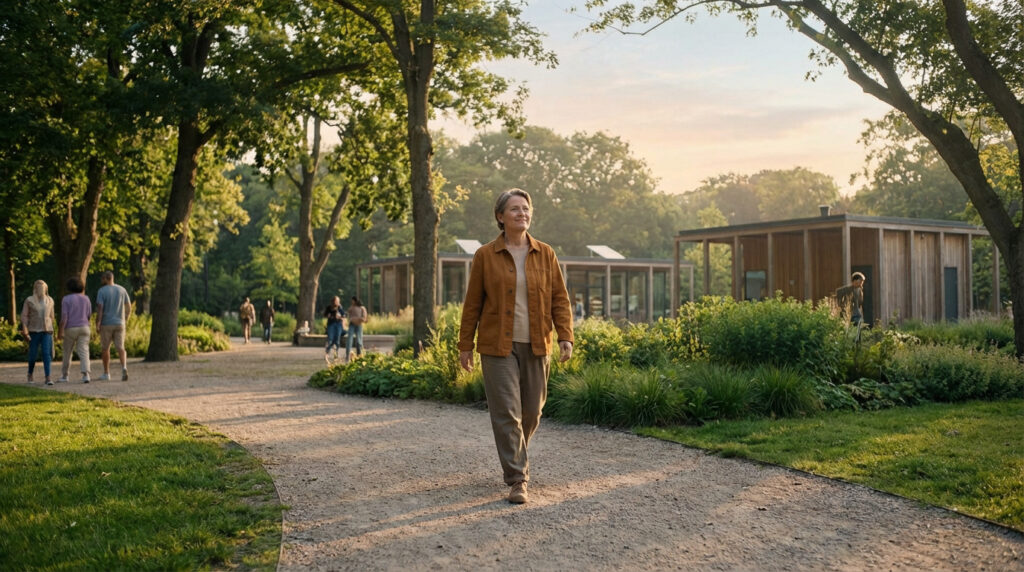 Femme d'âge mûr marchant sereinement sur un chemin de parc entouré d'arbres et de verdure, sous une douce lumière du jour.