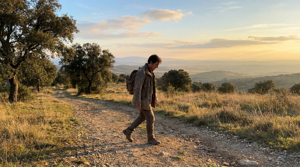 Un homme marche seul sur un chemin de terre rocailleux au coucher du soleil, entouré de végétation sèche et de collines.