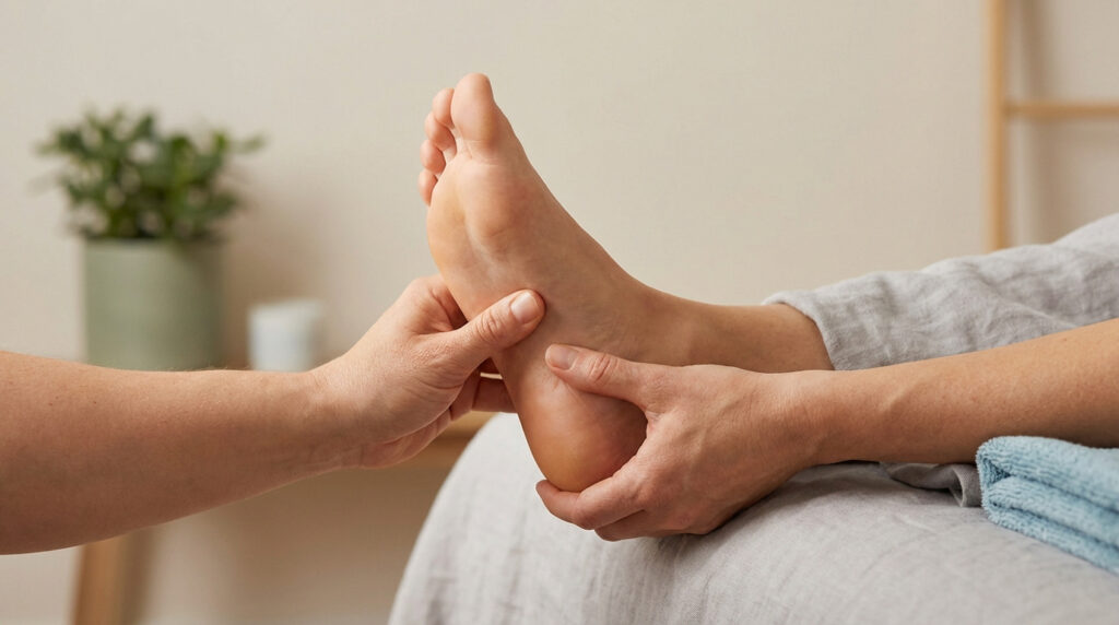 Gros plan sur deux mains massant la plante d'un pied. Une plante verte et un linge bleu sont en arrière-plan flou.