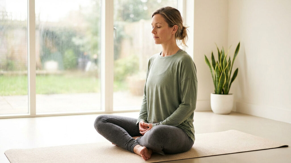 Femme en méditation assise en tailleur sur un tapis de yoga, les yeux fermés. Ambiance calme et lumineuse.