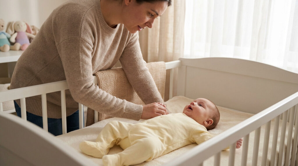 Mère se penchant avec tendresse sur son bébé en grenouillère jaune dans un berceau blanc, près d'une fenêtre.