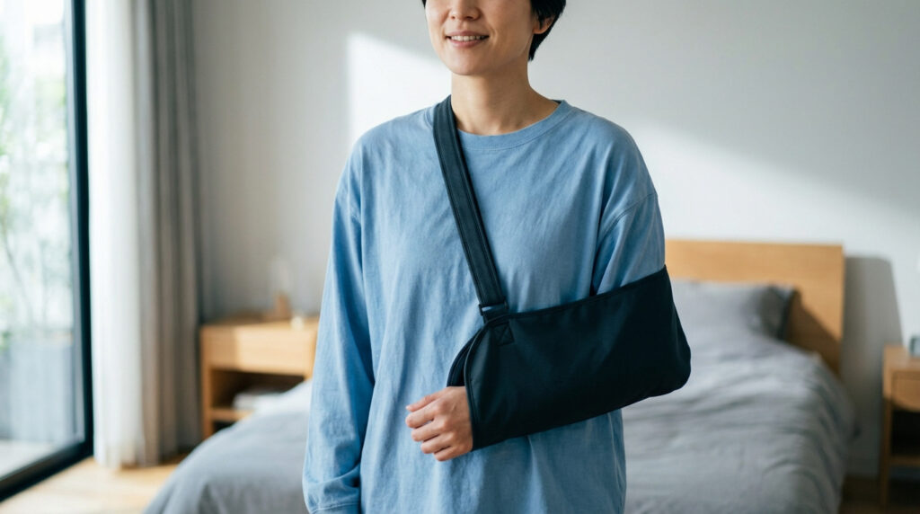 Femme souriante avec un bras en écharpe noir, vêtue d'un t-shirt bleu, debout dans une chambre lumineuse.