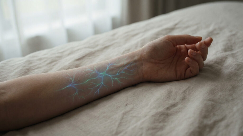 Avant-bras et main posés sur un drap clair, montrant une visualisation numérique de nerfs lumineux bleus et verts sous la peau.