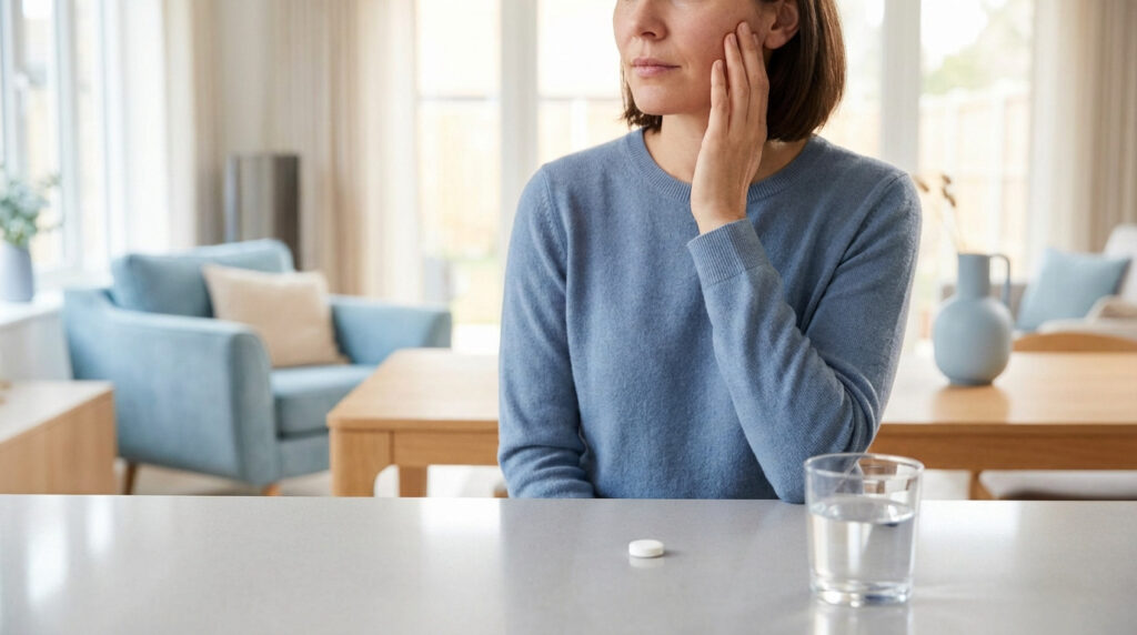 Une femme, main sur la joue, s'apprête à prendre un comprimé avec un verre d'eau pour soulager une douleur faciale.