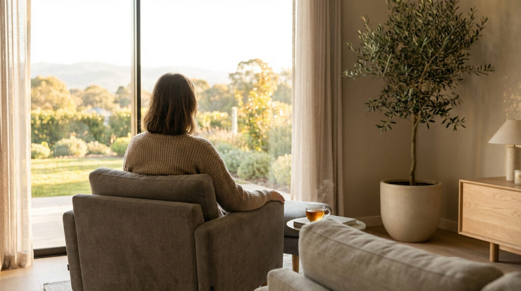 Femme assise dans un fauteuil, dos à la caméra, regardant un paysage ensoleillé par la fenêtre, une tasse de thé à ses côtés.