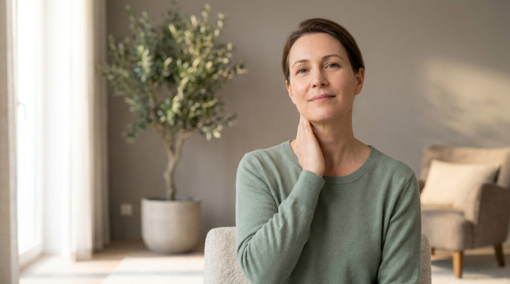 Femme d'âge moyen souriante, portant un pull vert d'eau, touchant doucement son cou. Lumière naturelle apaisante.