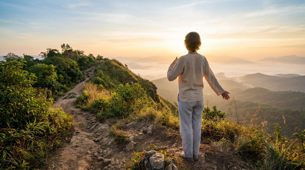 Vue arrière d'une personne debout sur une crête montagneuse au lever du soleil, bras ouverts, face à des vallées brumeuses et un sentier.