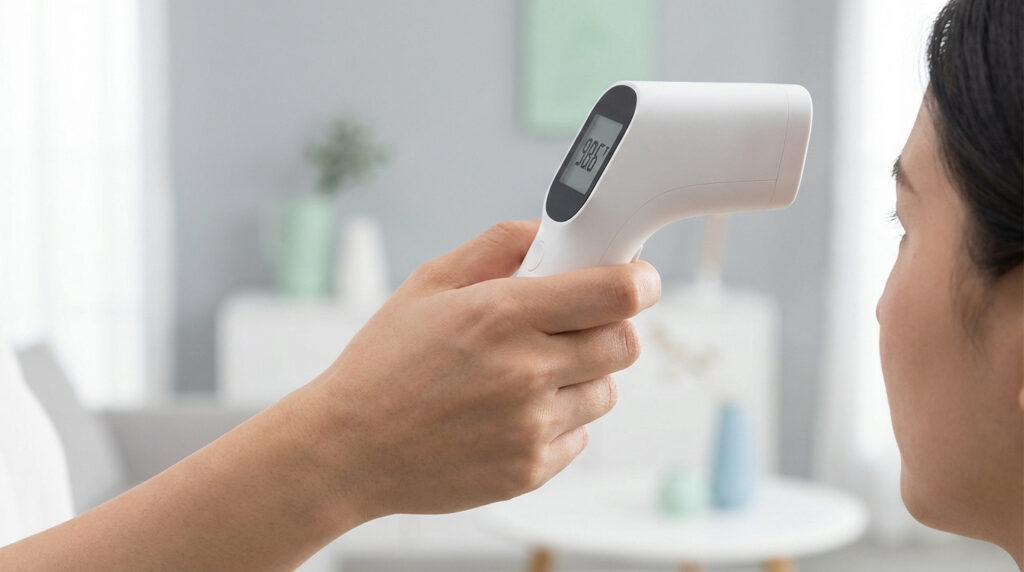 Une main tient un thermomètre frontal infrarouge blanc affichant "98.6", le dirigeant vers le front d'une personne. Scène intérieure lumineuse.