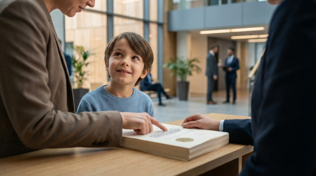 Un jeune garçon souriant regarde une femme pointant un document officiel sur un bureau. Une personne en costume est présente.