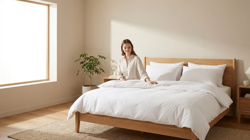 Jeune femme souriante s'apprête à se coucher sur un lit aux draps blancs dans une chambre lumineuse et épurée.